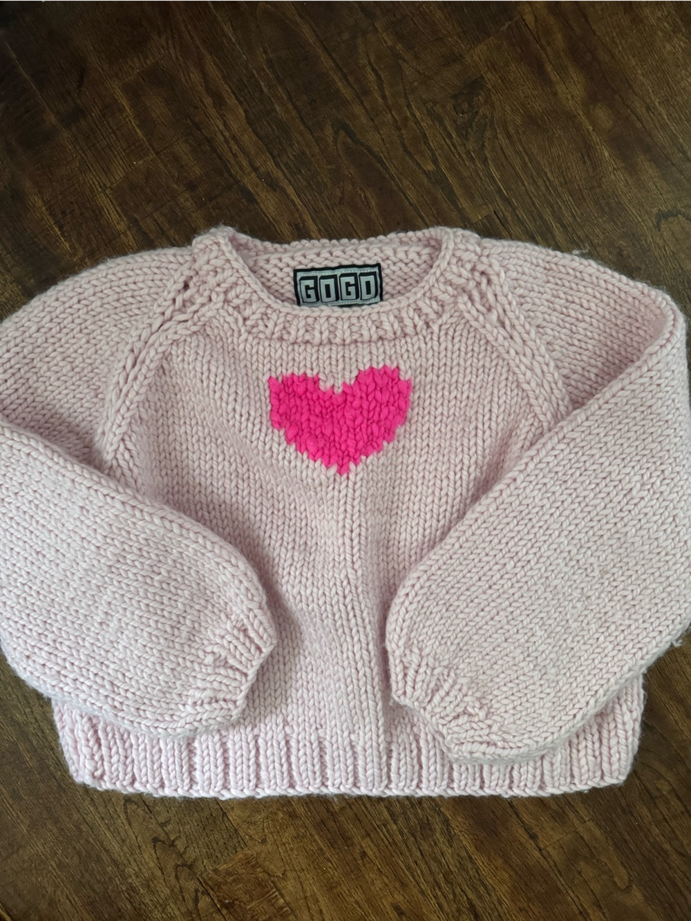 GOGO Pink Chunky Knit Scoop Neck Sweater with Hot Pink Heart